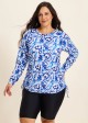 Curvy Blue And White Floral Upf50+ Long Sleeves Side Drawstring Swimsuit Shirt Tankini Top