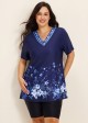 Plus Size Navy Floral V Neck Upf50+ Short Sleeves Modest Padded Swimsuit Long Tankini Top