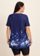 Plus Size Navy Floral V Neck Upf50+ Short Sleeves Modest Padded Swimsuit Long Tankini Top