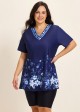 Plus Size Navy Floral V Neck Upf50+ Short Sleeves Modest Padded Swimsuit Long Tankini Top