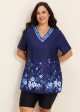 Plus Size Navy Floral V Neck Upf50+ Short Sleeves Modest Padded Swimsuit Long Tankini Top