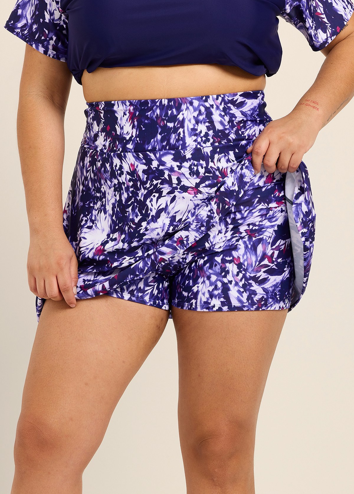 Curvy Purple Floral Padded Women's Flare With Skinny Swim Bottom