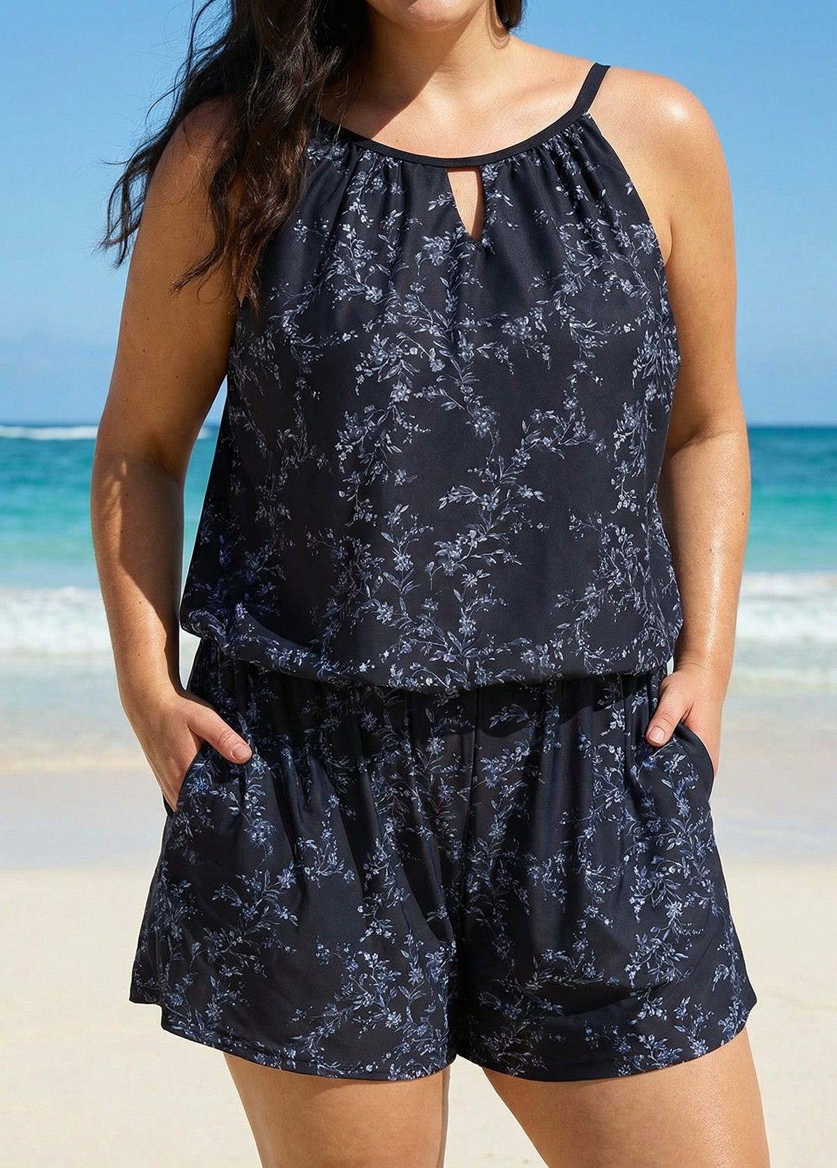 Plus Size Black Floral High Neck Vintage Pocket Women's Swimsuit One Piece Swim Romper
