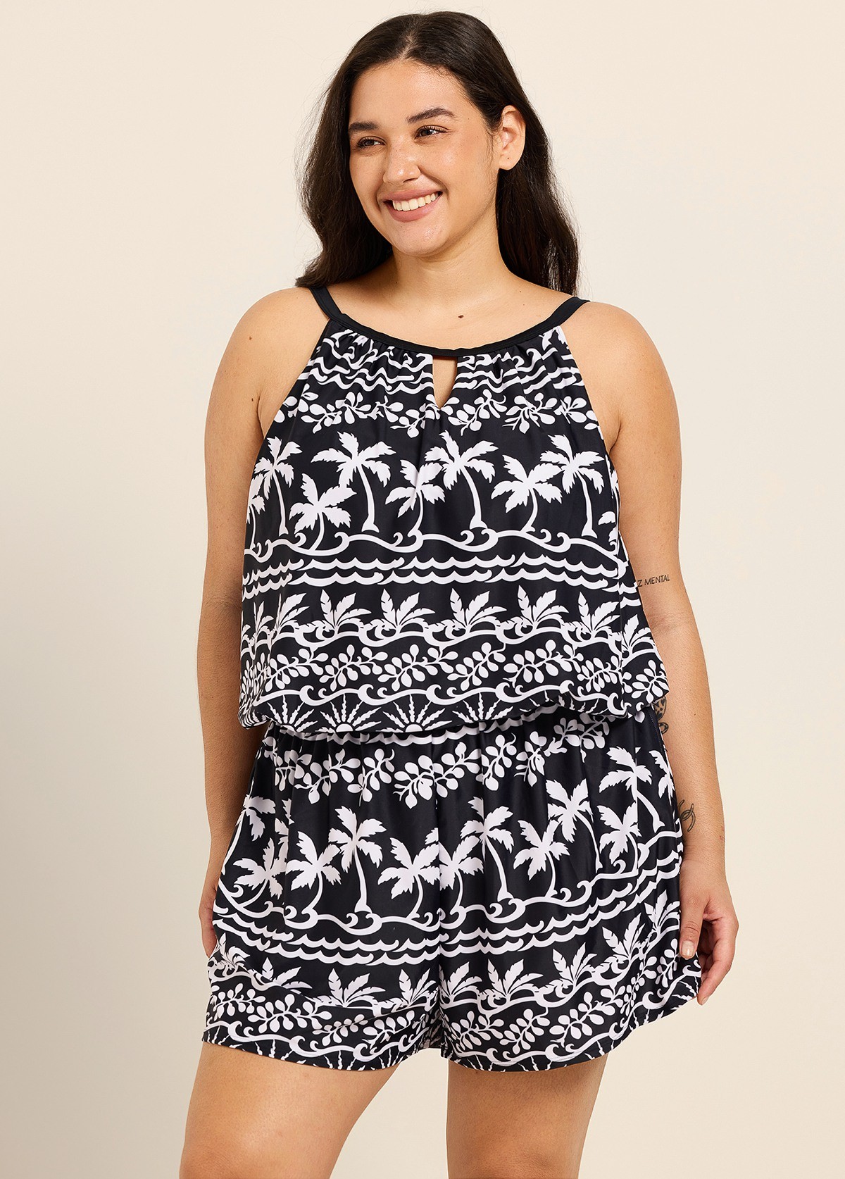 Black White Tropical Print High Neck Modest Pocket Plus Size Swimsuit One Piece Swim Romper