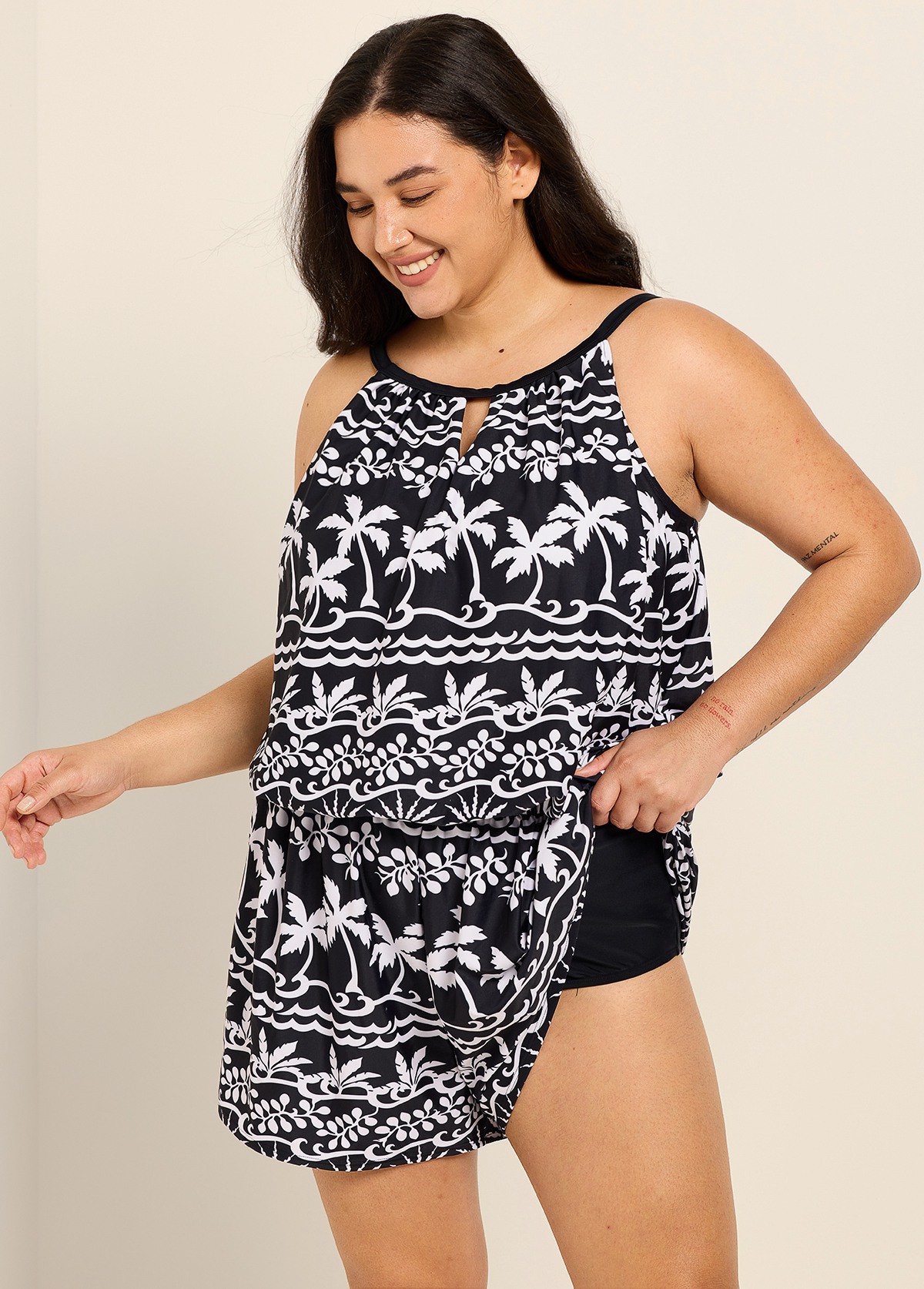 Black White Tropical Print High Neck Modest Pocket Plus Size Swimsuit One Piece Swim Romper