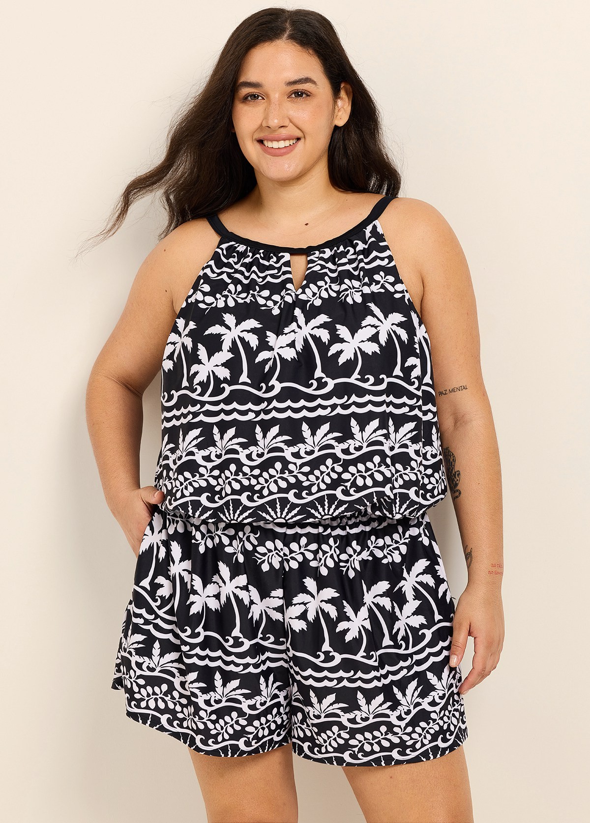 Black White Tropical Print High Neck Modest Pocket Plus Size Swimsuit One Piece Swim Romper