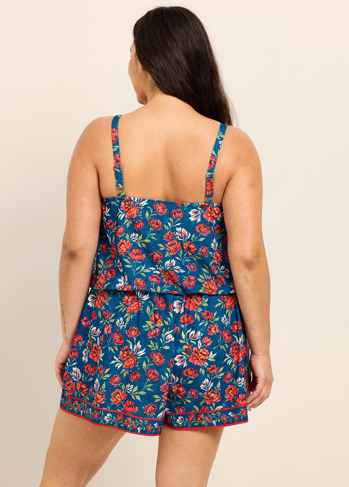 Blue Red Floral Keyhole Neck Vintage Pocket Curvy Women's Swimsuit One Piece Swim Romper