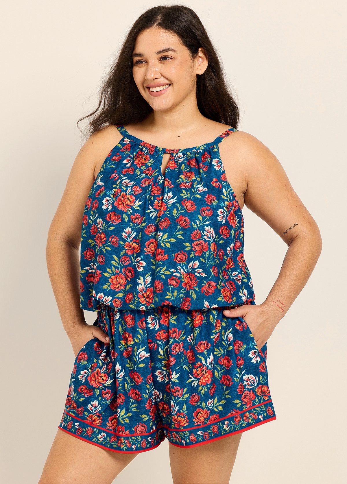 Blue Red Floral Keyhole Neck Vintage Pocket Curvy Women's Swimsuit One Piece Swim Romper