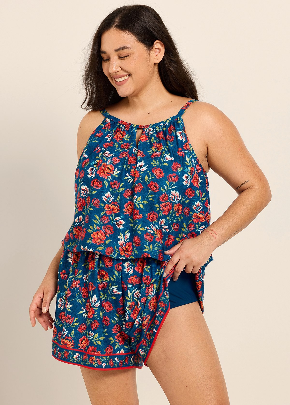 Blue Red Floral Keyhole Neck Vintage Pocket Curvy Women's Swimsuit One Piece Swim Romper