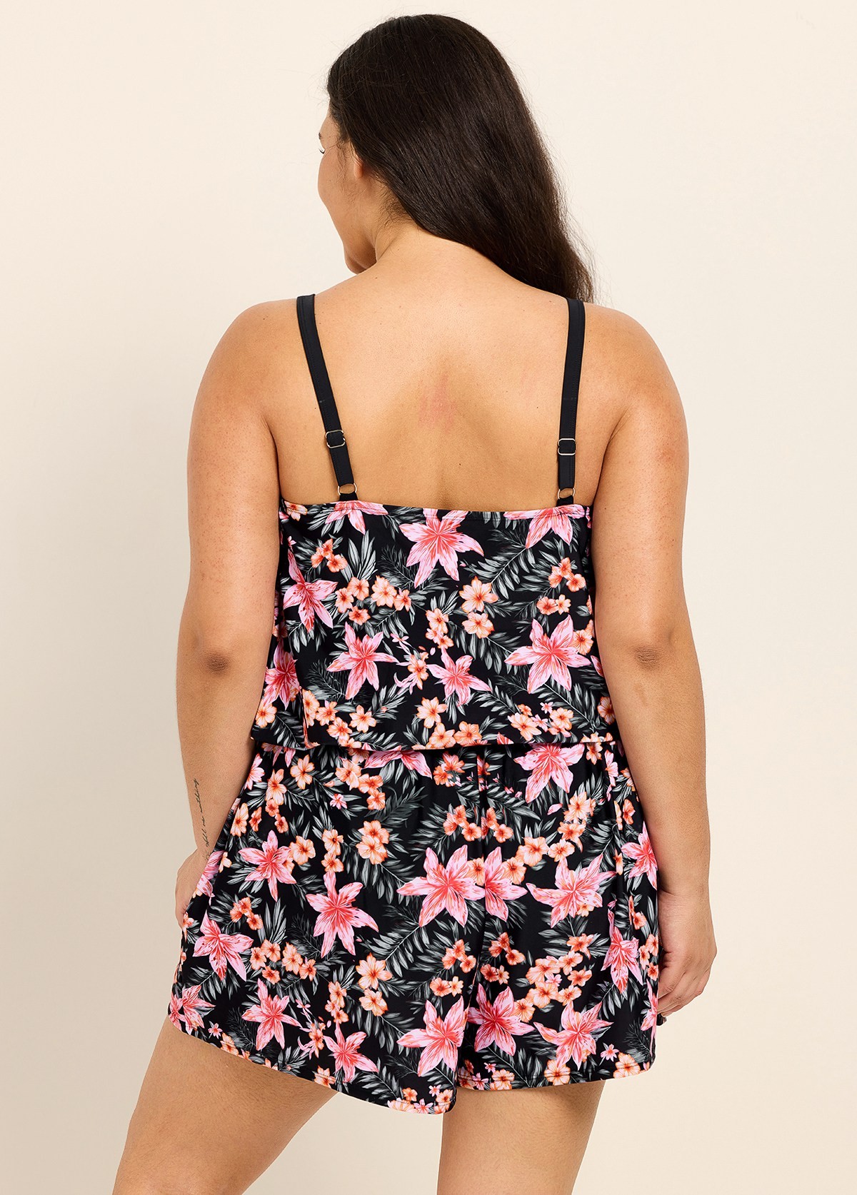 Black Pink Floral Print High Neck Vintage Pocket Plus Size Swimsuit One Piece Swim Romper