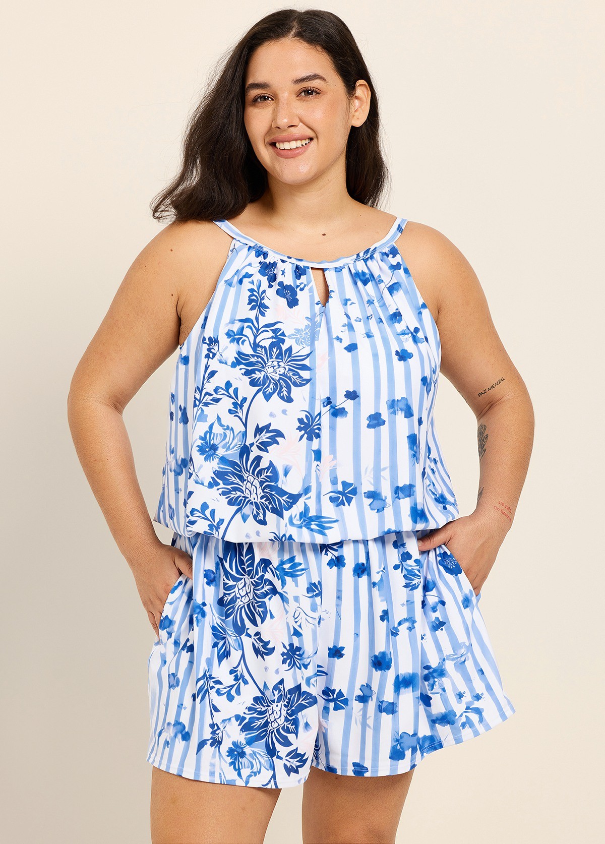 Plus Size White Blue Floral Stripe High Neck Modest Pocket Swimsuit One Piece Swim Romper