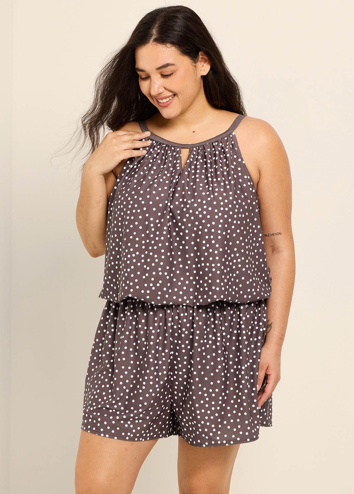 Brown White Polka Dot High Neck Flattering Pocket Plus Size Women's Swimsuit One Piece Swim Romper