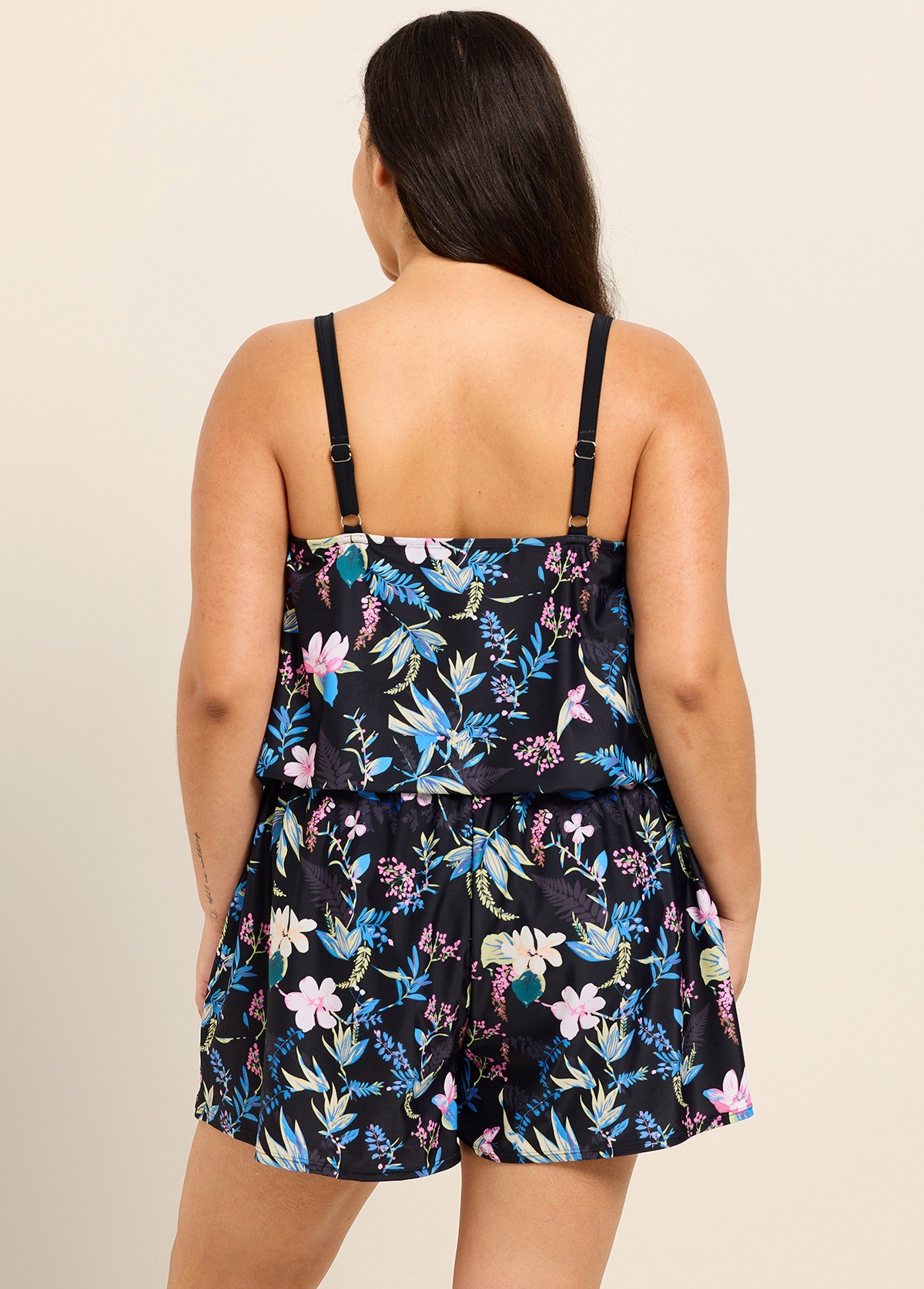 Pink Floral High Neck Vintage Pocket Curvy Women's Swimsuit One Piece Swim Romper