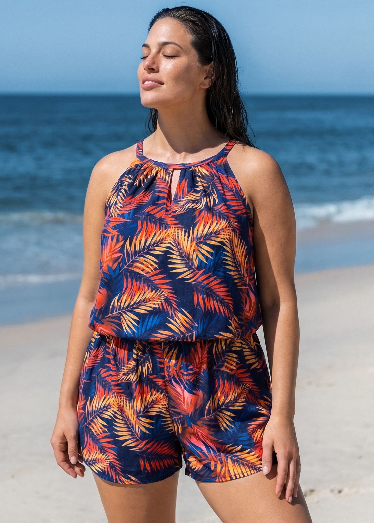 Plus Size Blue Tropical Palm Leaf High Neck Vintage Pocket Women's Swimsuit One Piece Swim Romper