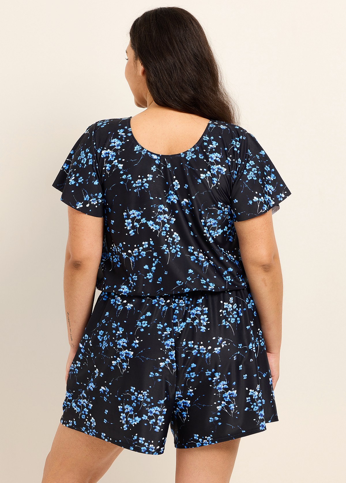 Curvy Blue Floral Print Upf50+ Short Sleeves Pocket Swimsuit One Piece Swim Romper