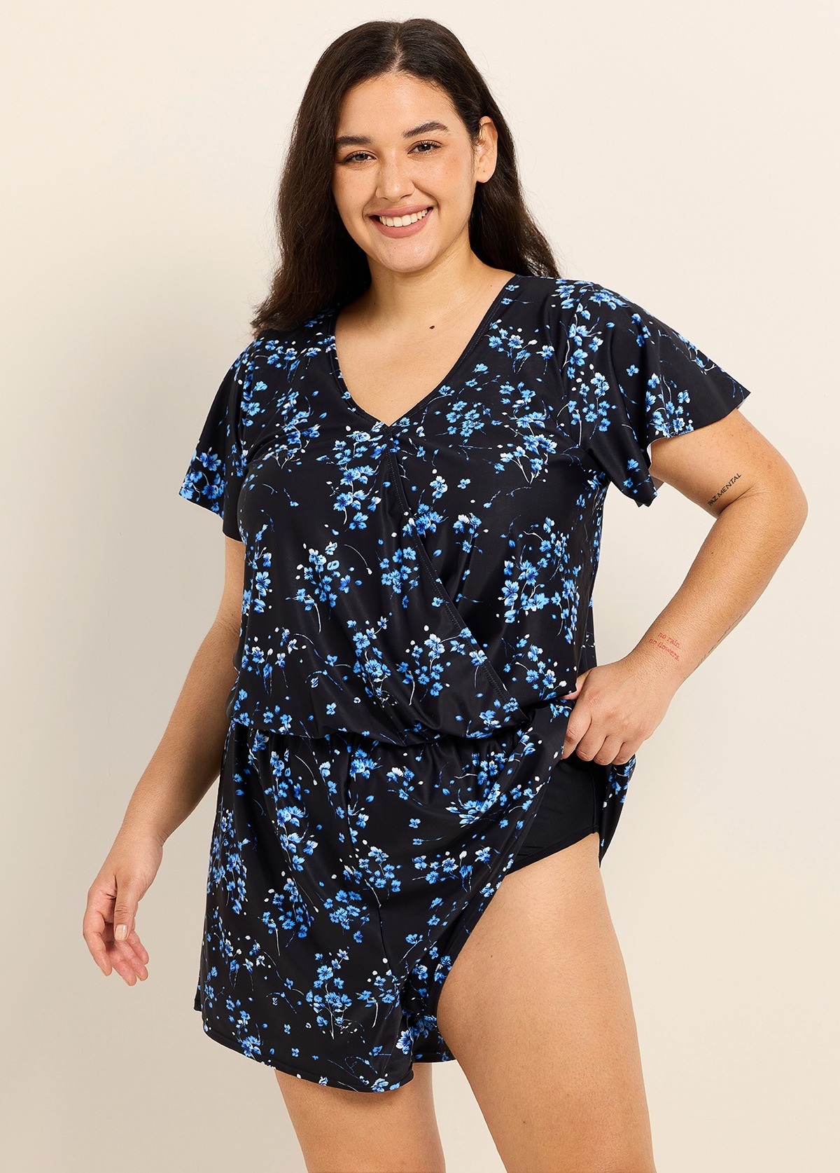 Curvy Blue Floral Print Upf50+ Short Sleeves Pocket Swimsuit One Piece Swim Romper