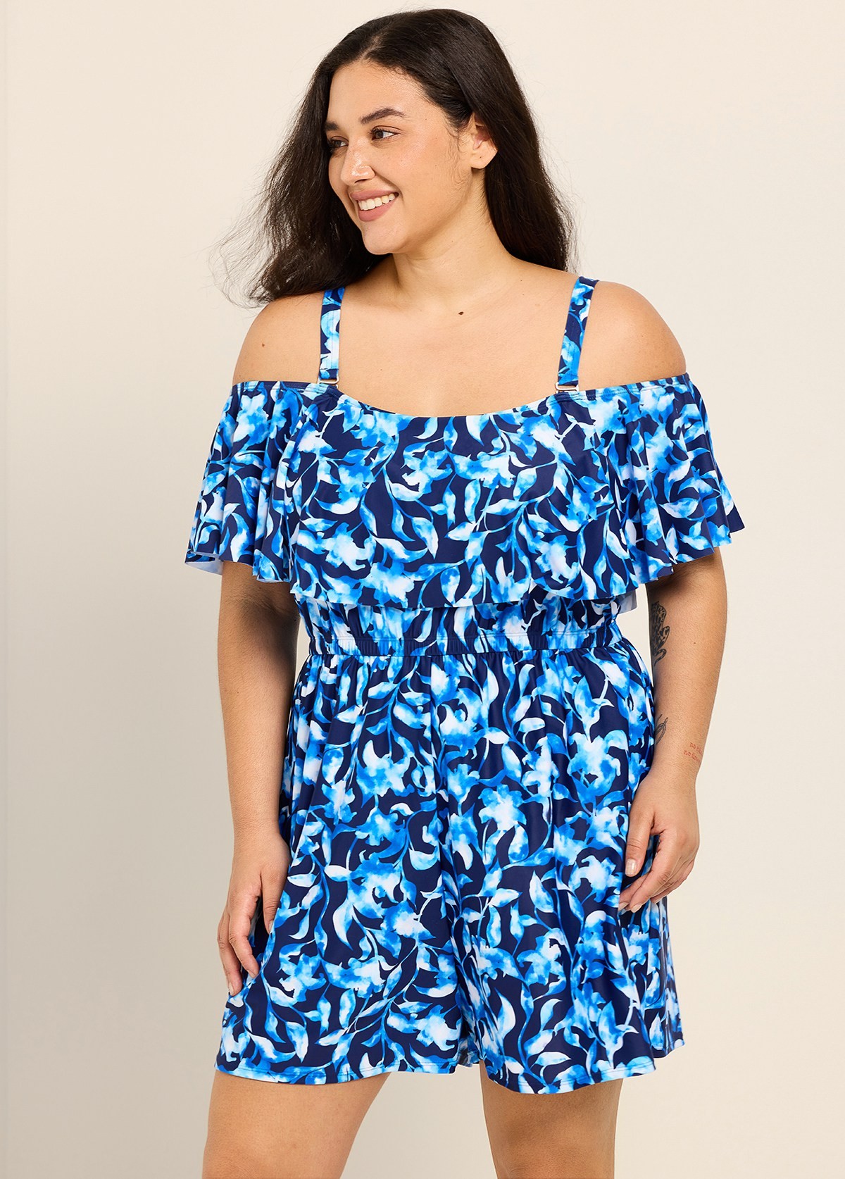 Blue Floral Print Vintage Off Shoulder Ruffled Plus Size Swimsuit One Piece Swim Romper