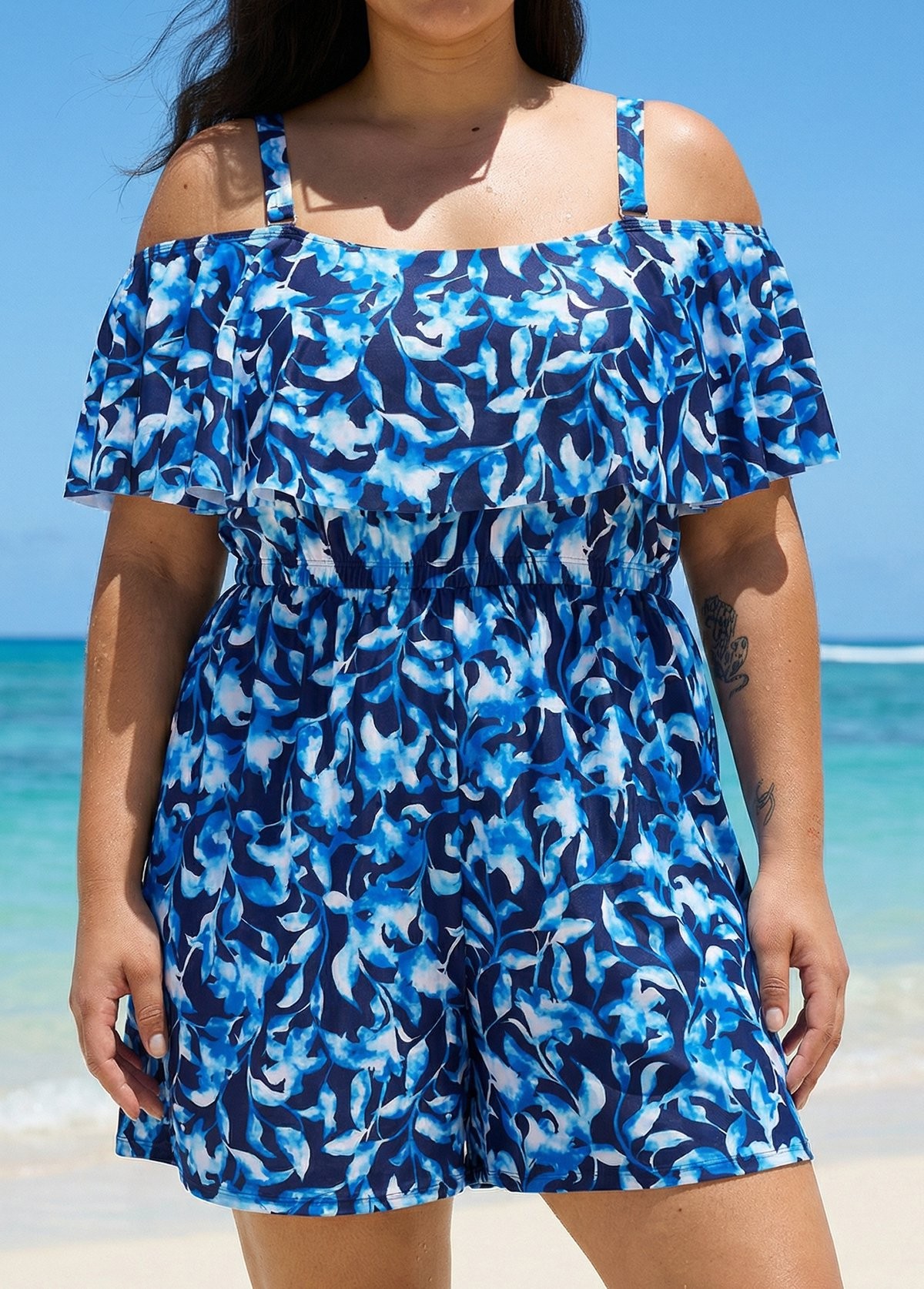 Blue Floral Print Vintage Off Shoulder Ruffled Plus Size Swimsuit One Piece Swim Romper