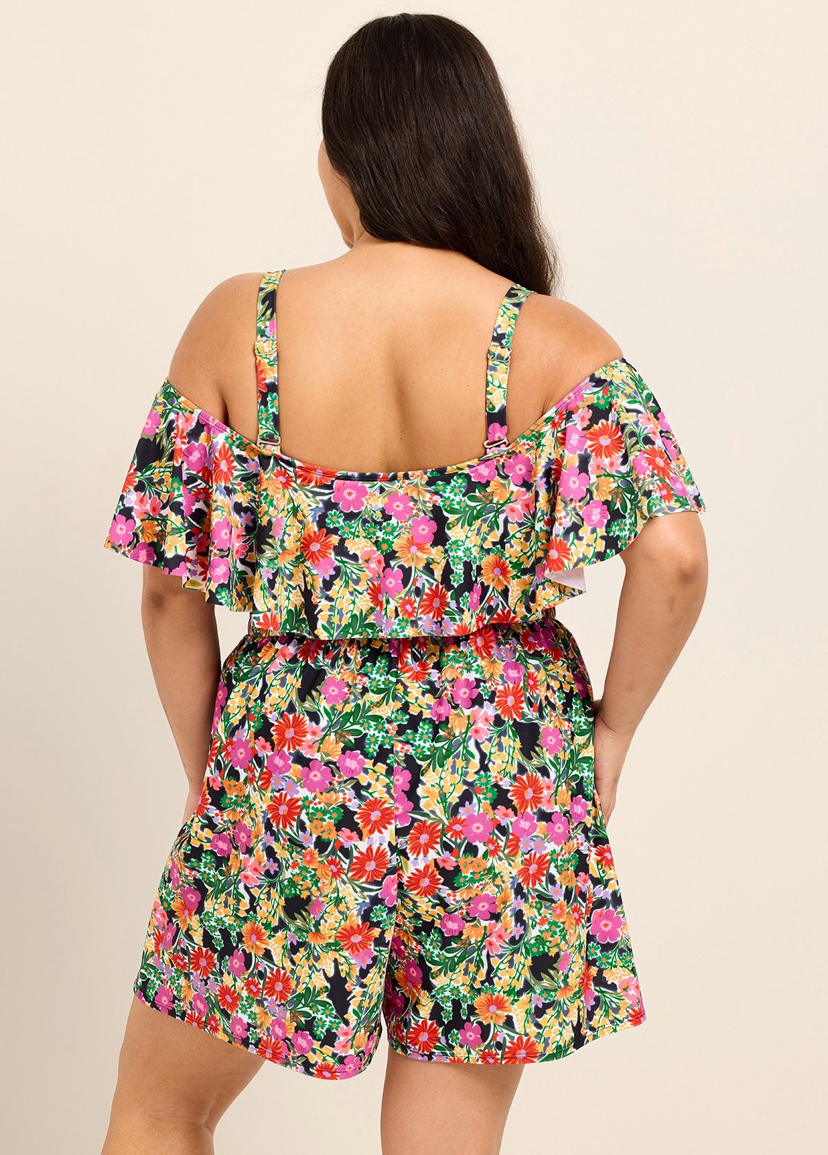 Plus Size Black Floral Flattering Off Shoulder Ruffled Swimsuit One Piece Swimdress