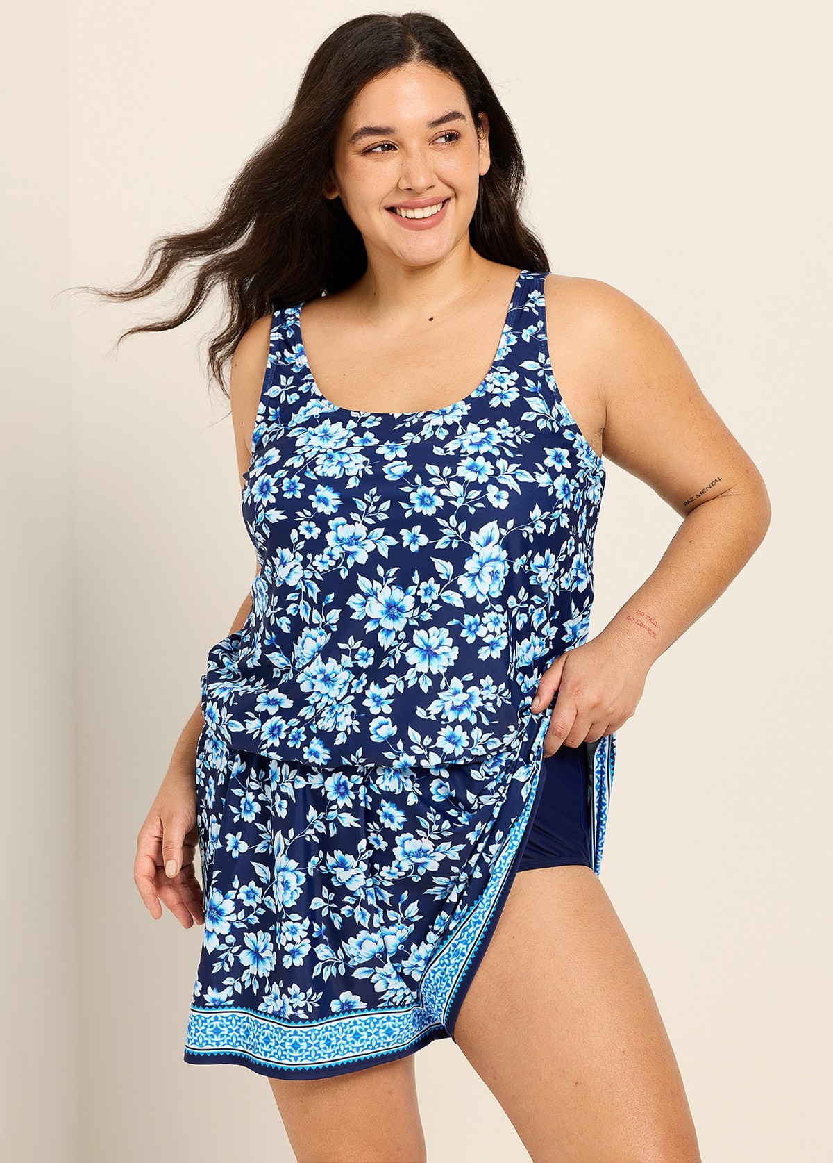 Curvy Navy Floral Flattering Wide Straps Pocket Women's Swimsuit One Piece Swim Romper