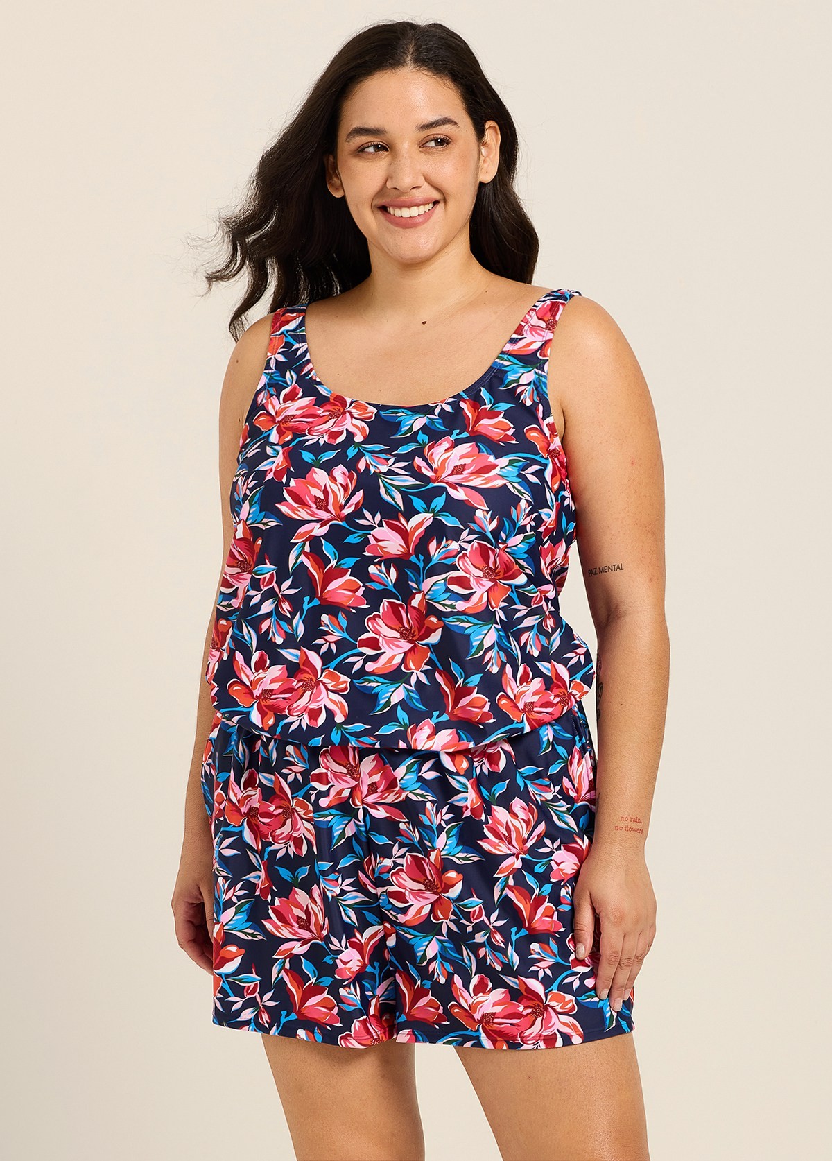 Plus Size Red Floral Scoop Neck Vintage Wide Straps Pocket Swimsuit One Piece Swim Romper