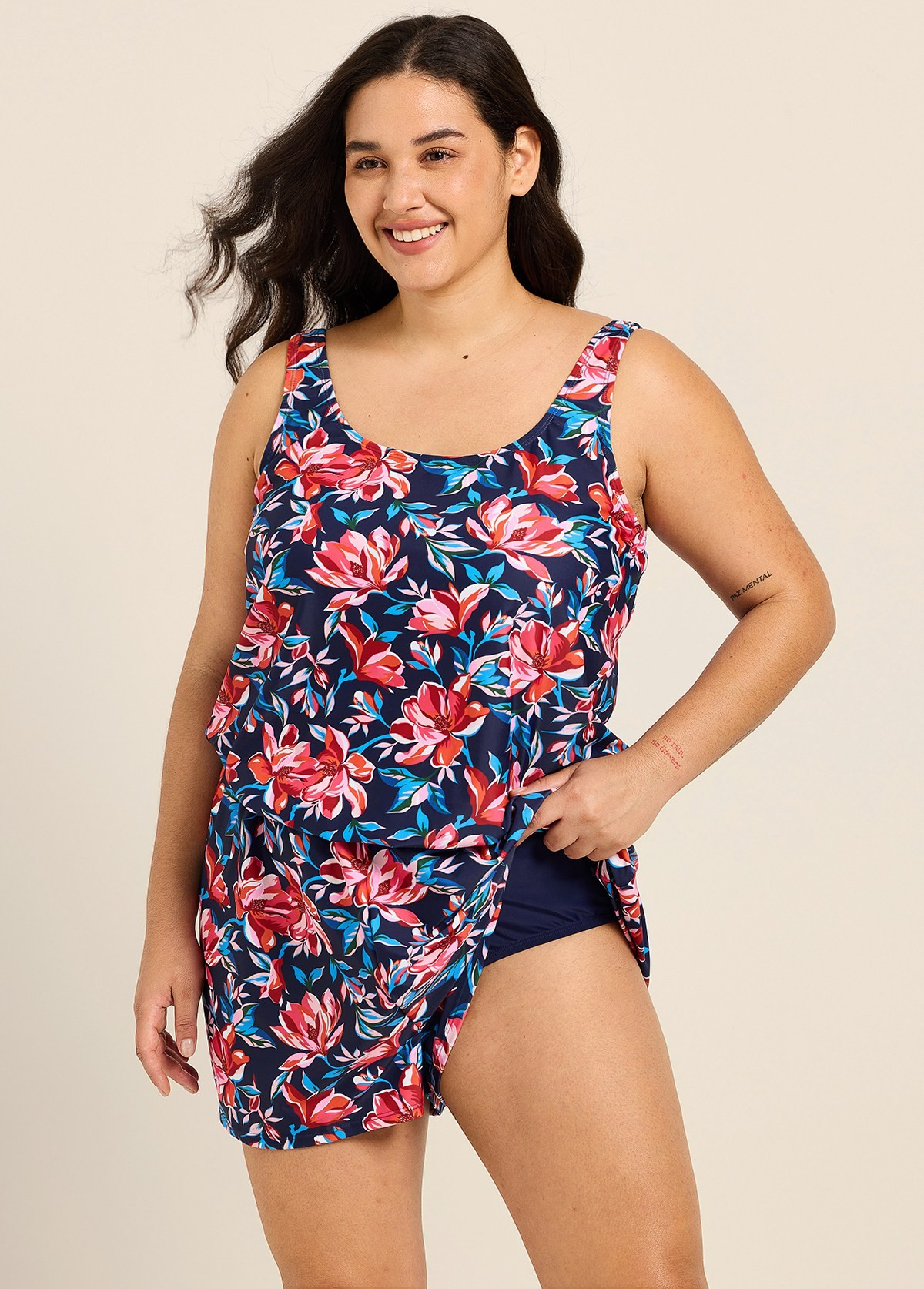 Plus Size Red Floral Scoop Neck Vintage Wide Straps Pocket Swimsuit One Piece Swim Romper
