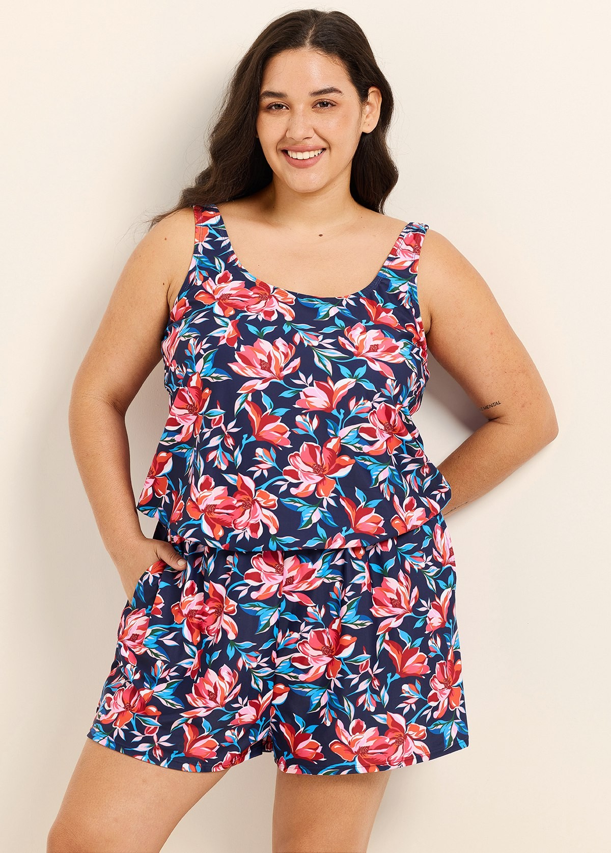 Plus Size Red Floral Scoop Neck Vintage Wide Straps Pocket Swimsuit One Piece Swim Romper