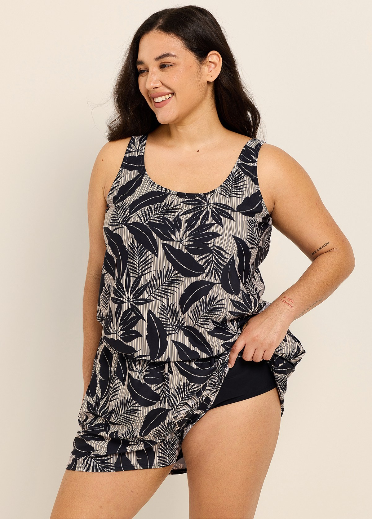 Black Plant Stripe Modest Wide Straps Pocket Plus Size Swimsuit One Piece Swim Romper