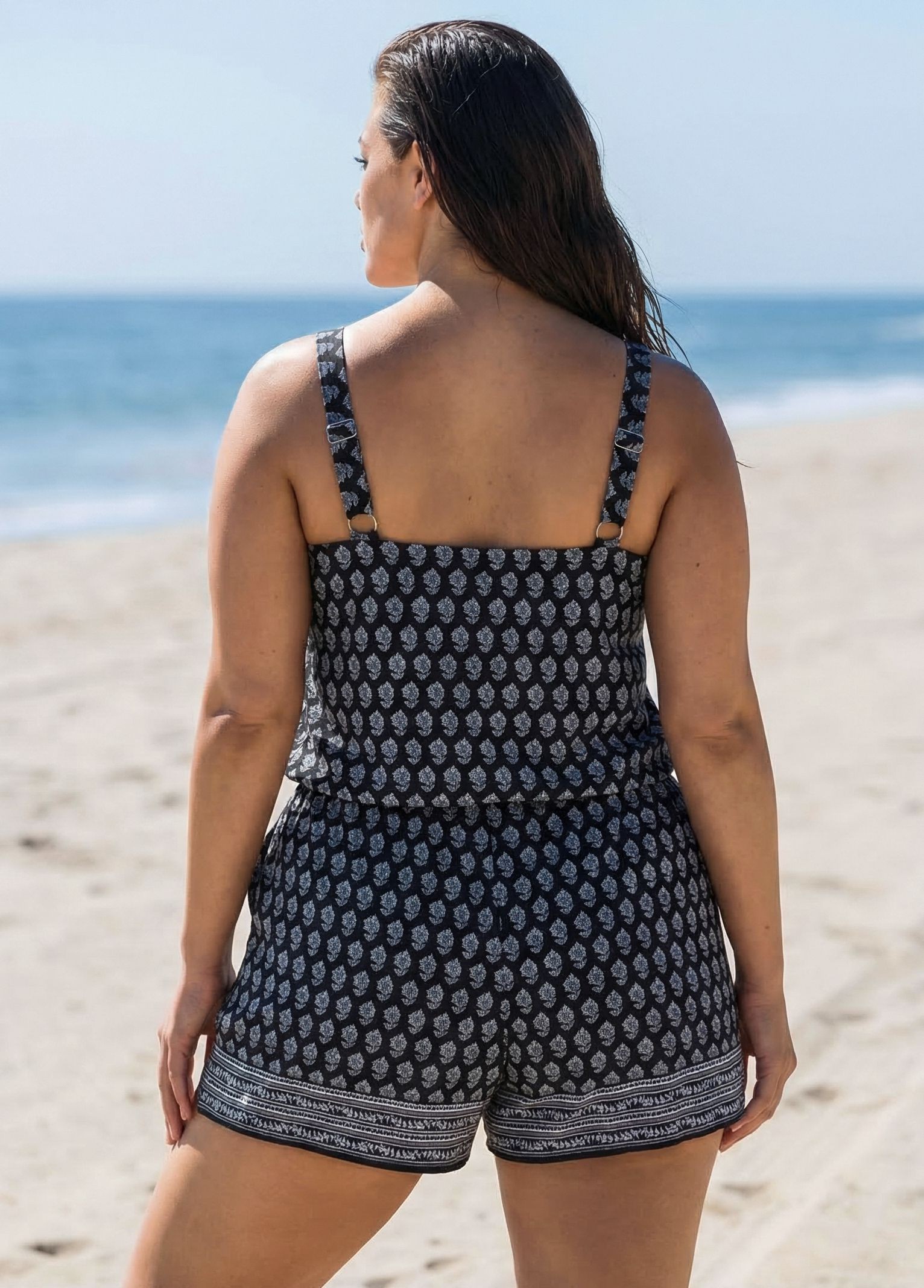 Plus Size Black And White Floral Scoop Neck Wide Straps Pocket Swimsuit One Piece Swim Romper