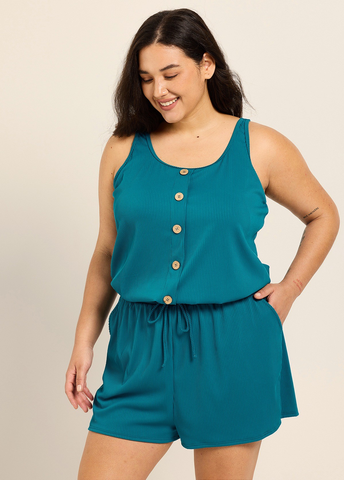 Navy Round Neck Plus Size Button Drawstring Women's One Piece Swimsuit