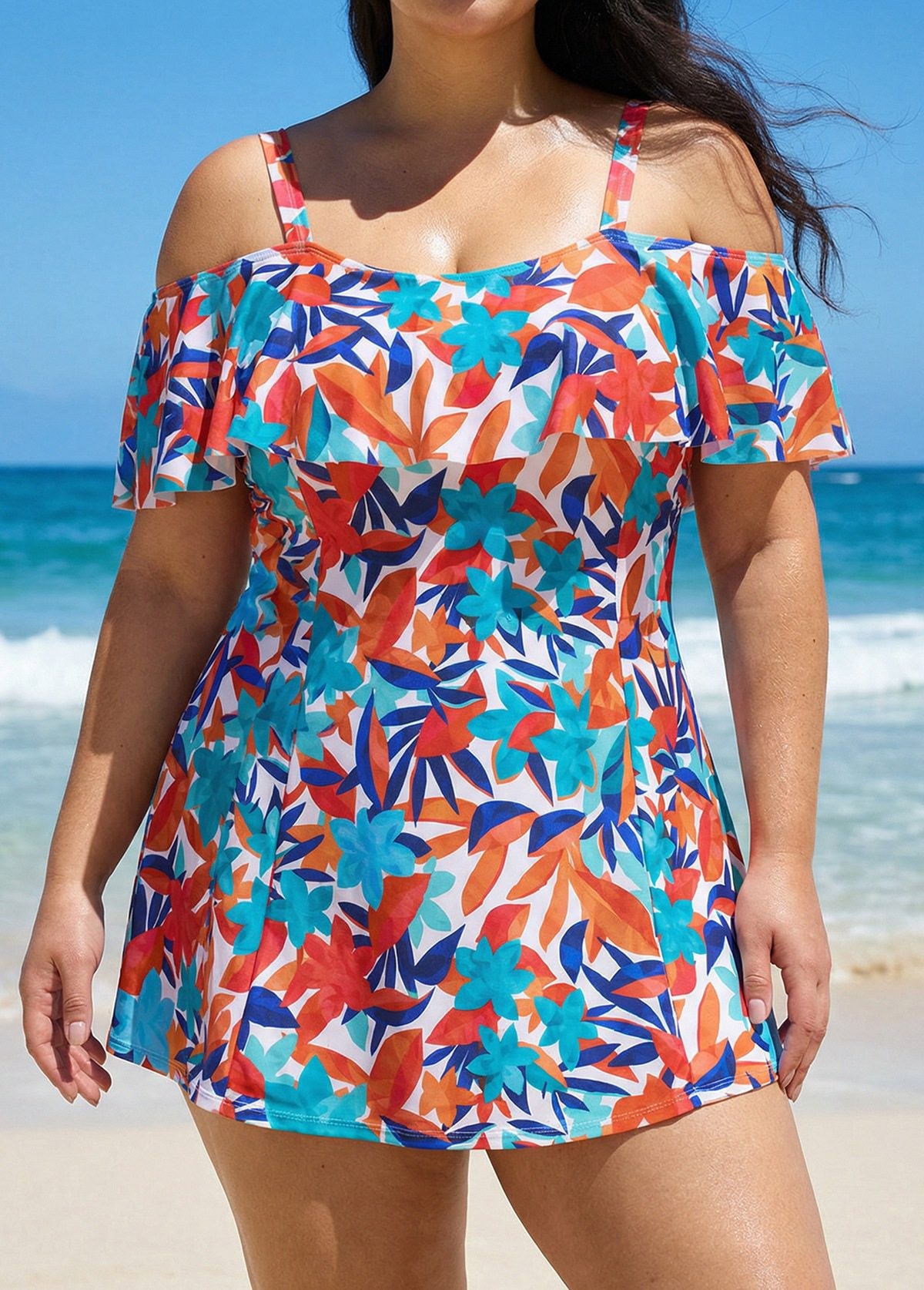 Curvy Colorful Tropical Leaf Off The Shoulder Modest Women's Swimsuit One Piece Swim Romper