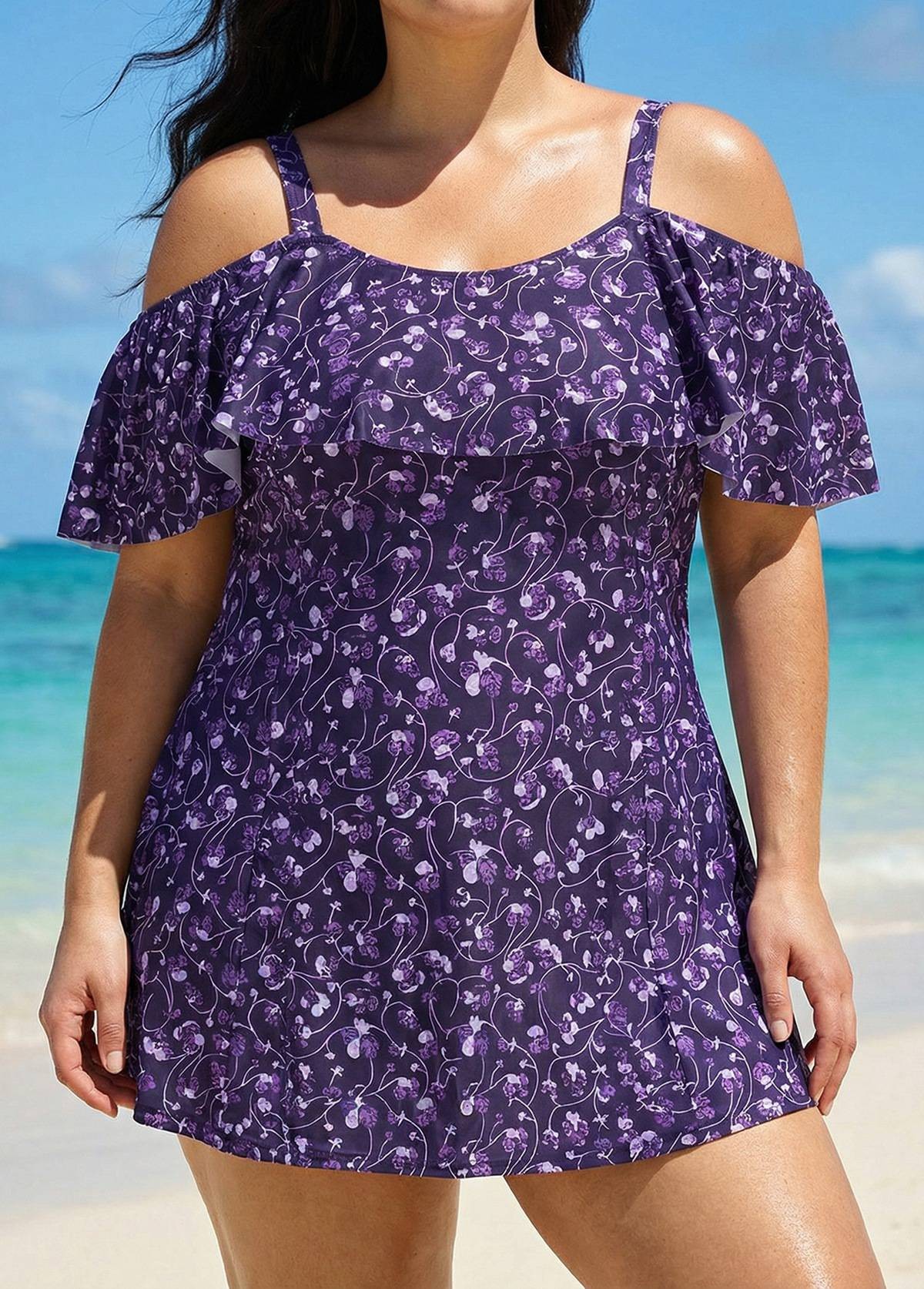 Purple Floral Off The Shoulder Flattering Plus Size Women's Swimsuit One Piece Swim Romper