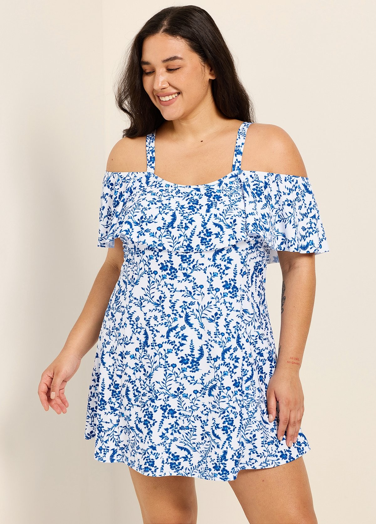 Curvy Blue Floral Print Off The Shoulder Modest Women's Swimsuit One Piece Swimdress