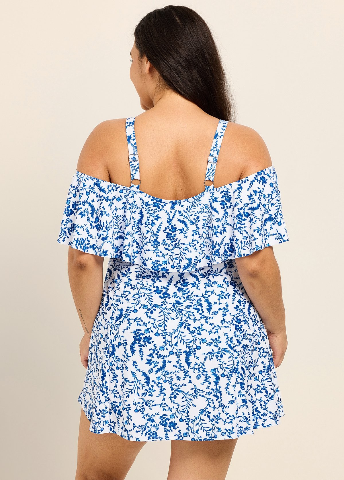 Curvy Blue Floral Print Off The Shoulder Modest Women's Swimsuit One Piece Swimdress