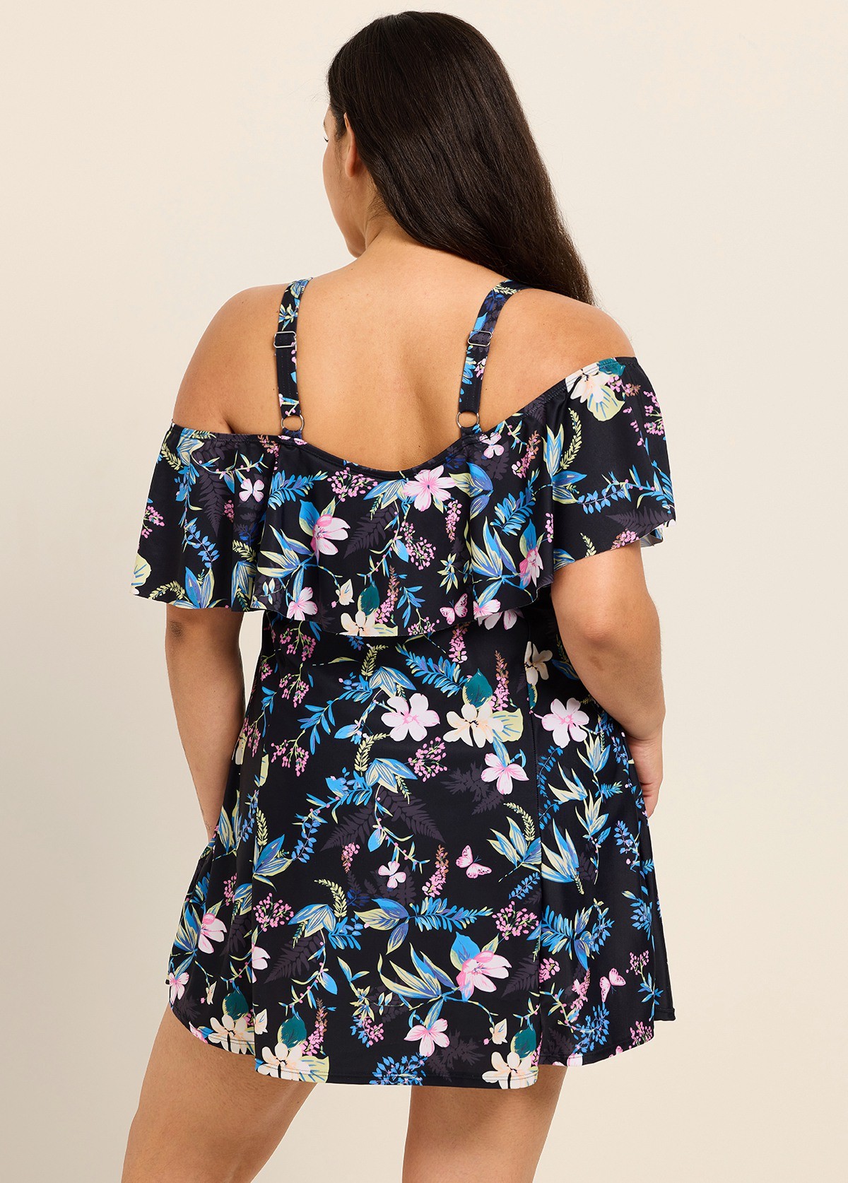 Plus Size Pink Floral Off The Shoulder Vintage Women's Swimsuit One Piece Swimdress