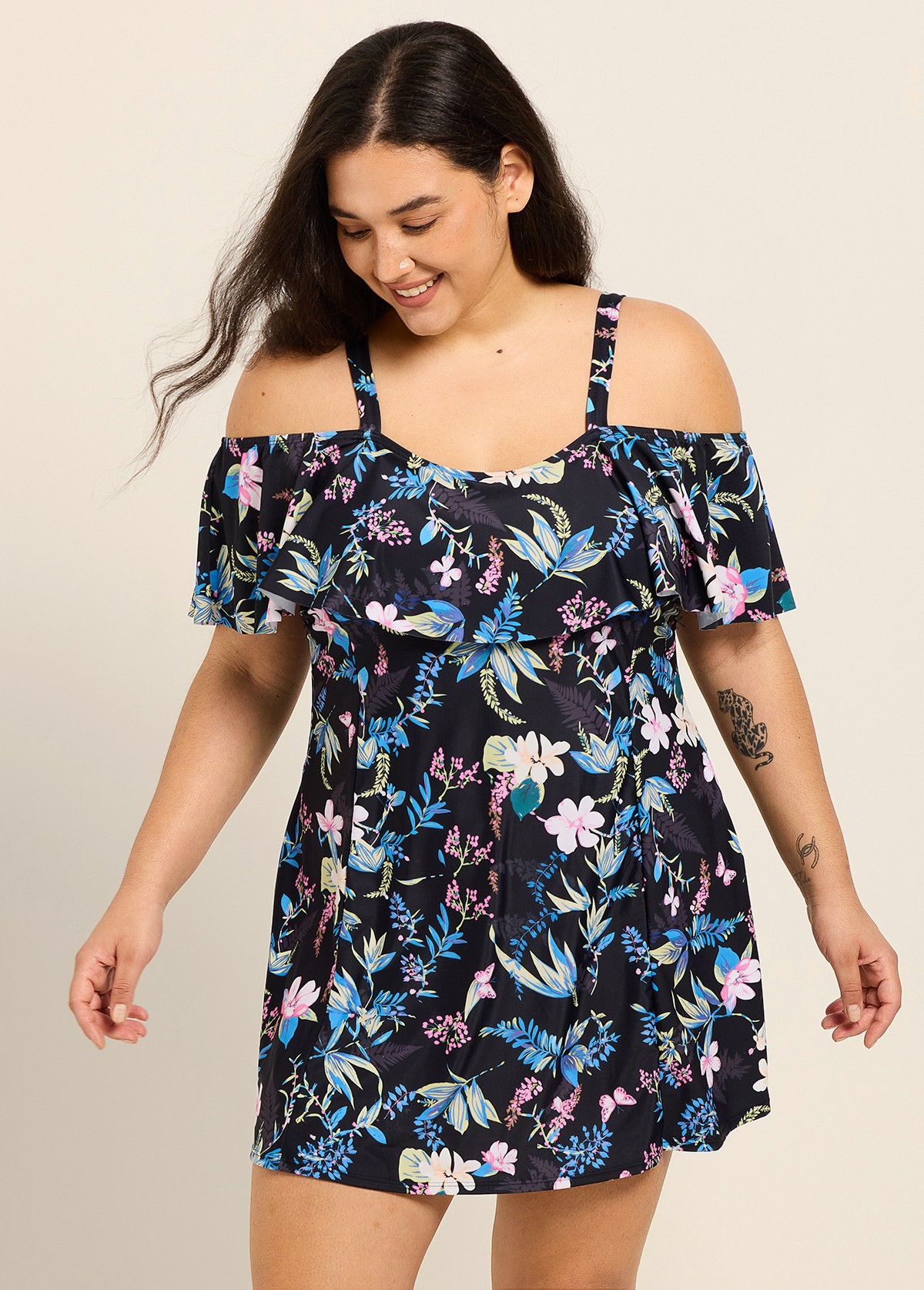 Plus Size Pink Floral Off The Shoulder Vintage Women's Swimsuit One Piece Swimdress