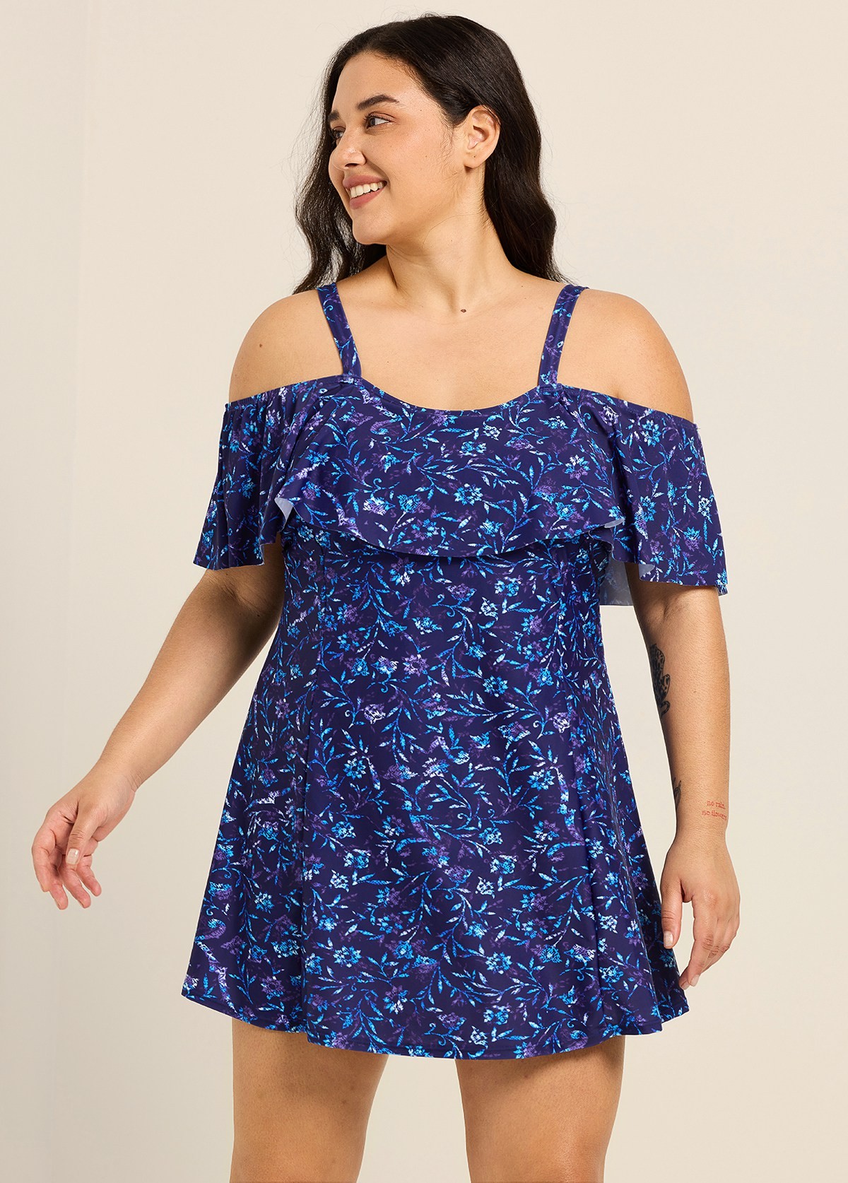 Navy Floral Off The Shoulder Flattering Curvy Women's Swimsuit One Piece Swimdress