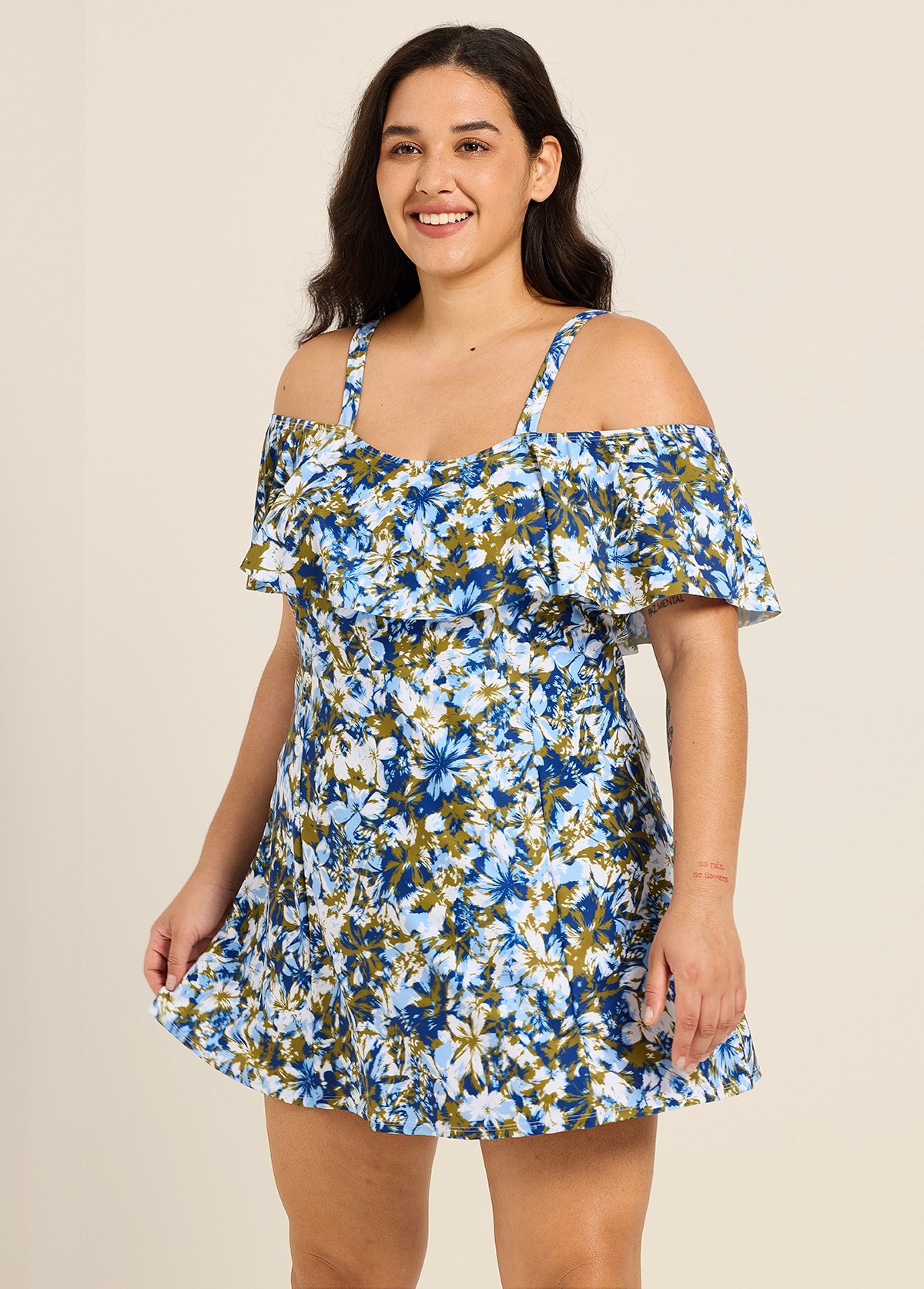 Curvy Navy Floral Off The Shoulder Flattering Women's Swimsuit One Piece Swimdress