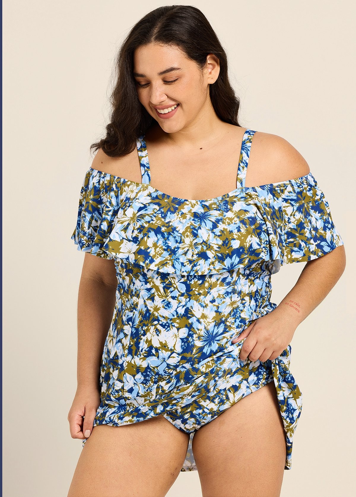 Curvy Navy Floral Off The Shoulder Flattering Women's Swimsuit One Piece Swimdress