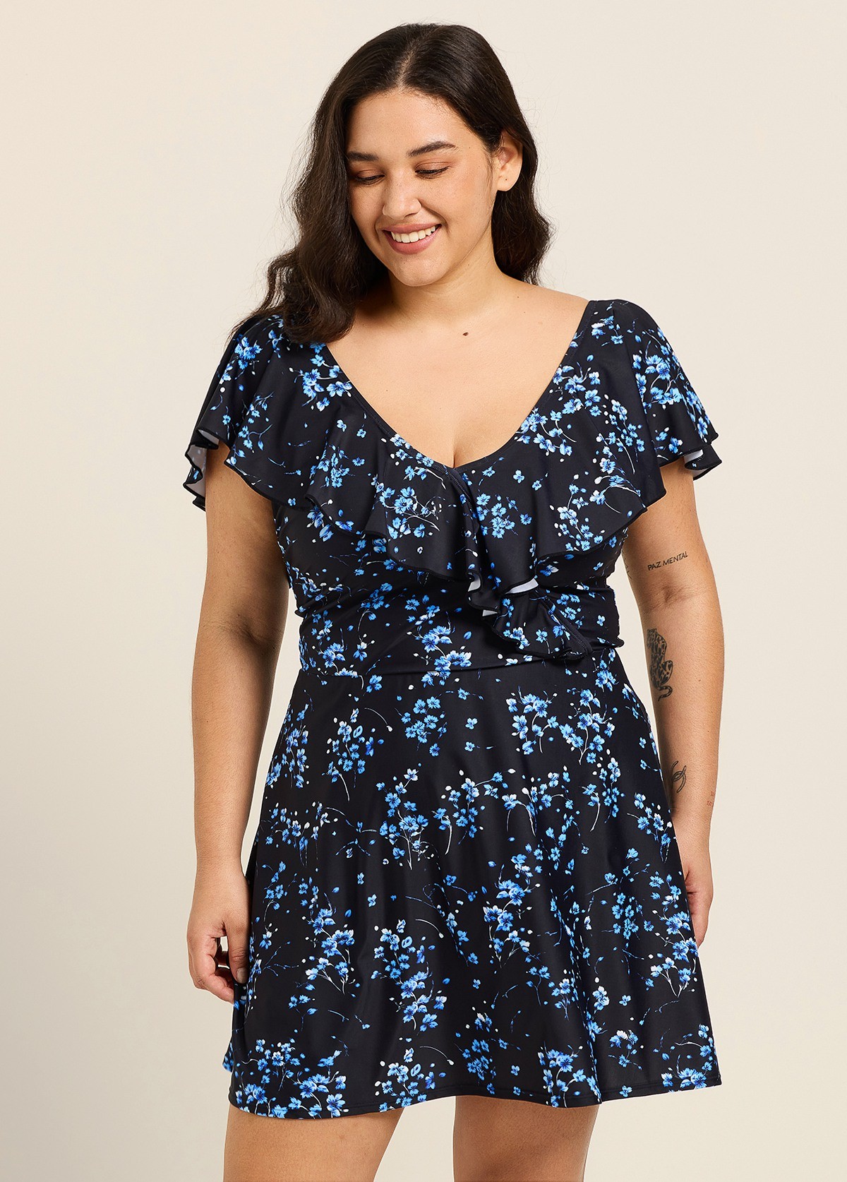 Blue Floral Print V Neck Cap Sleeves Flattering Ruffles Curvy Swimsuit Swimdress Set