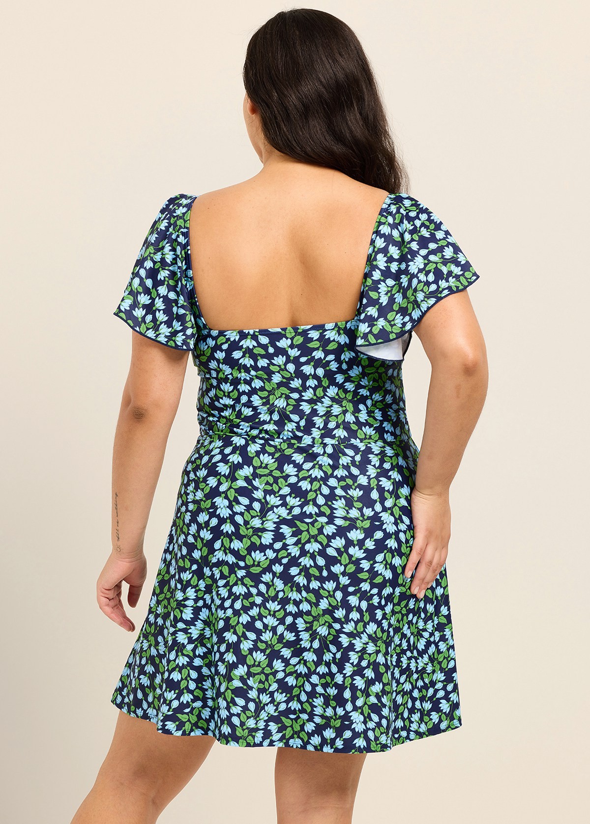 Plus Size Blue Green Floral V Neck Cap Sleeves Modest Ruffles Swimsuit Swimdress Set