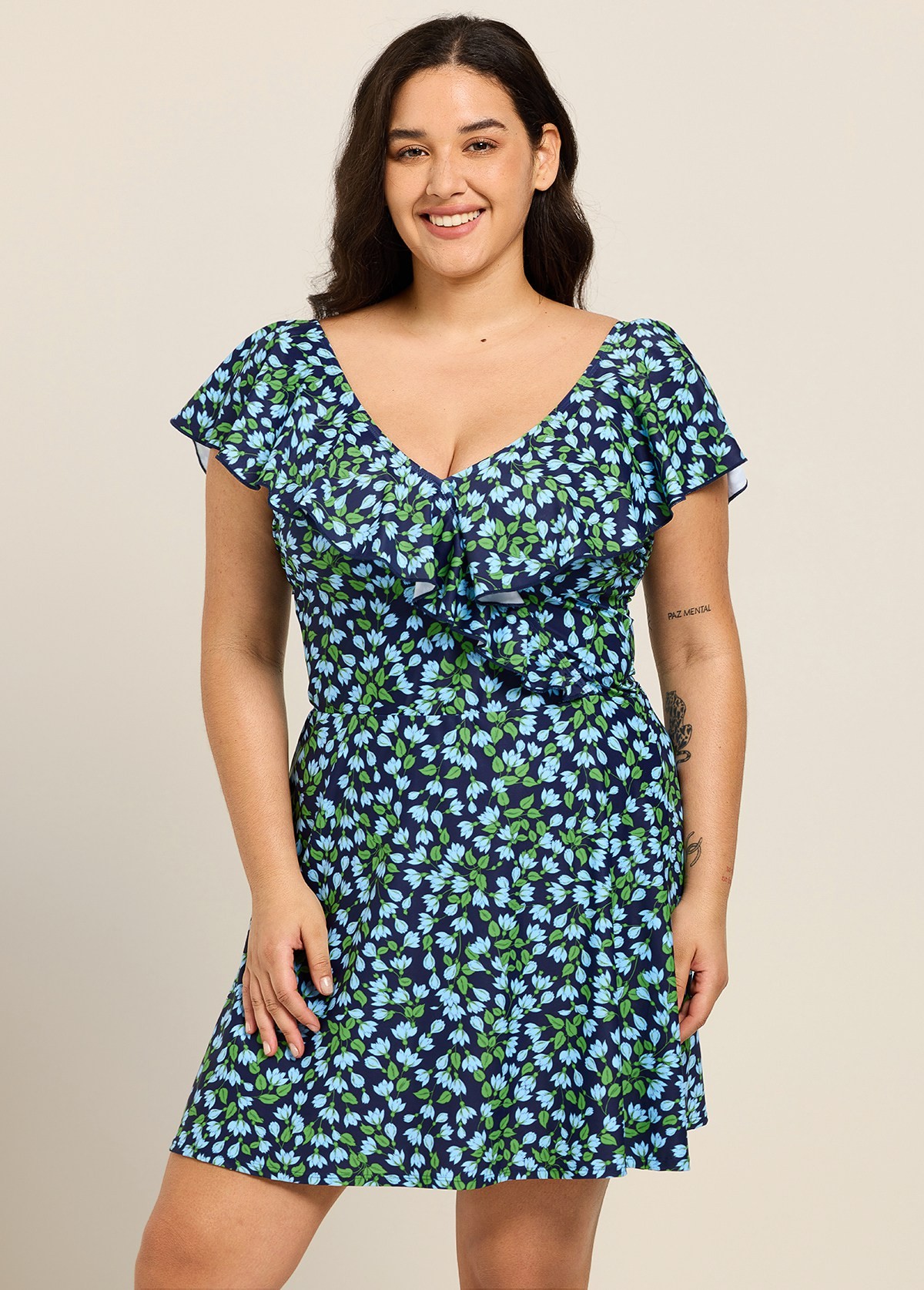 Plus Size Blue Green Floral V Neck Cap Sleeves Modest Ruffles Swimsuit Swimdress Set