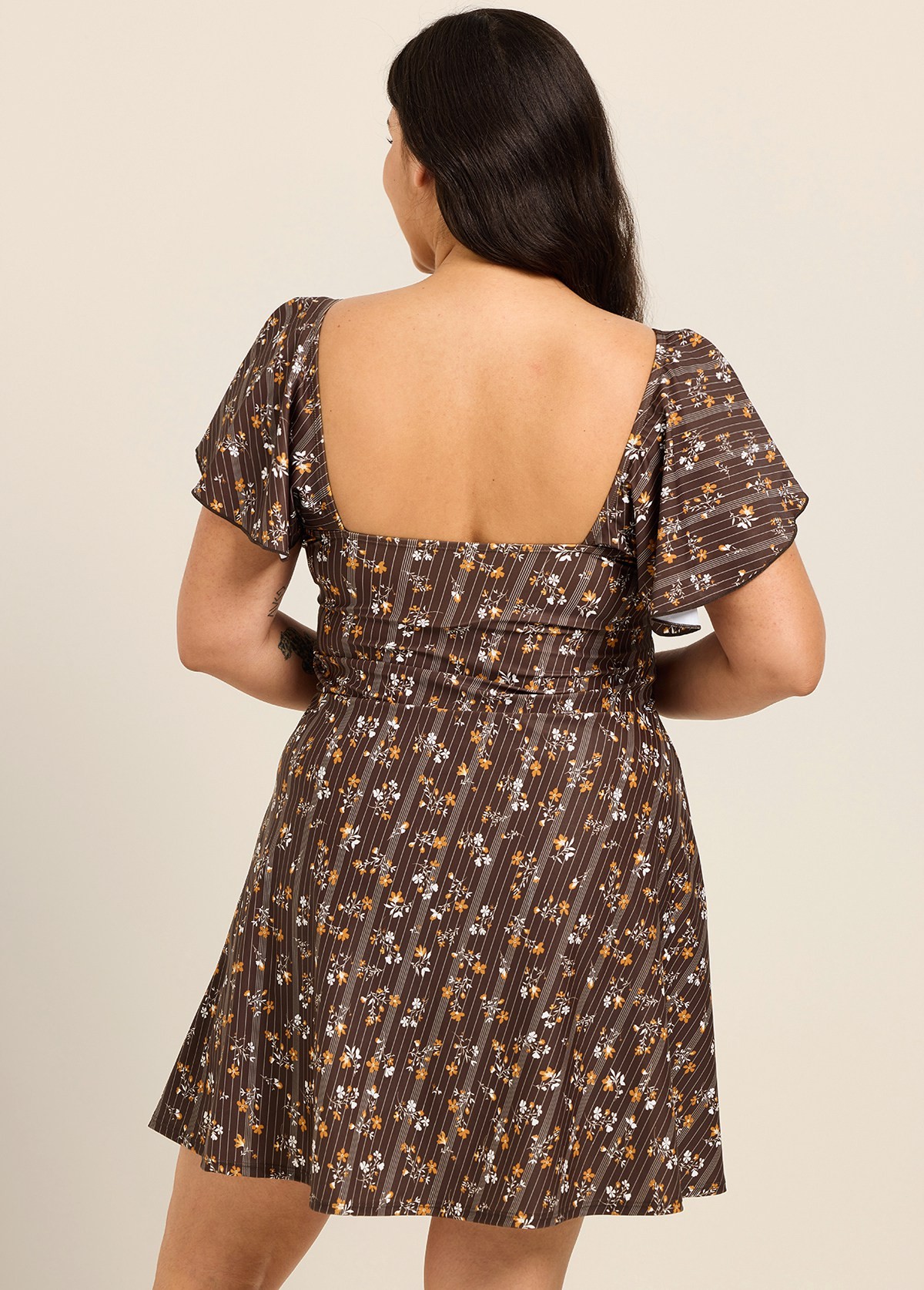 Curvy Brown Striped Floral Print V Neck Cap Sleeves Vintage Ruffles Swimsuit Swimdress Set