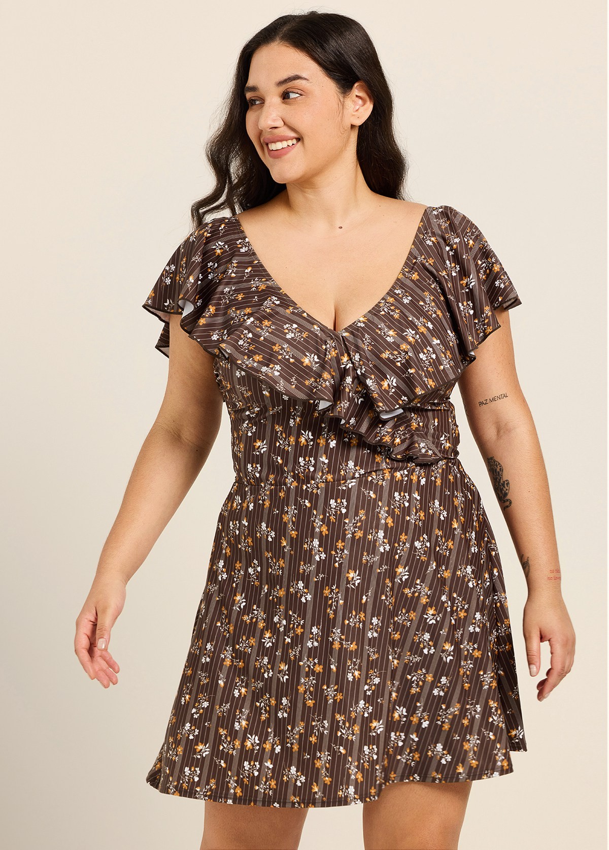 Curvy Brown Striped Floral Print V Neck Cap Sleeves Vintage Ruffles Swimsuit Swimdress Set