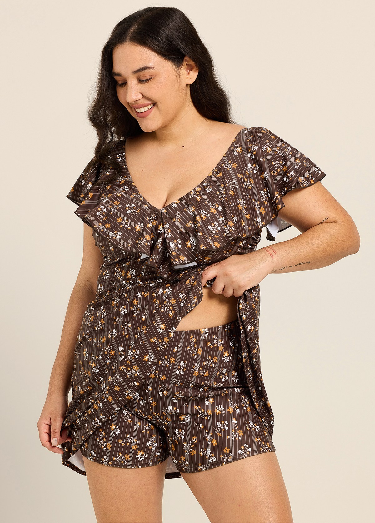 Curvy Brown Striped Floral Print V Neck Cap Sleeves Vintage Ruffles Swimsuit Swimdress Set