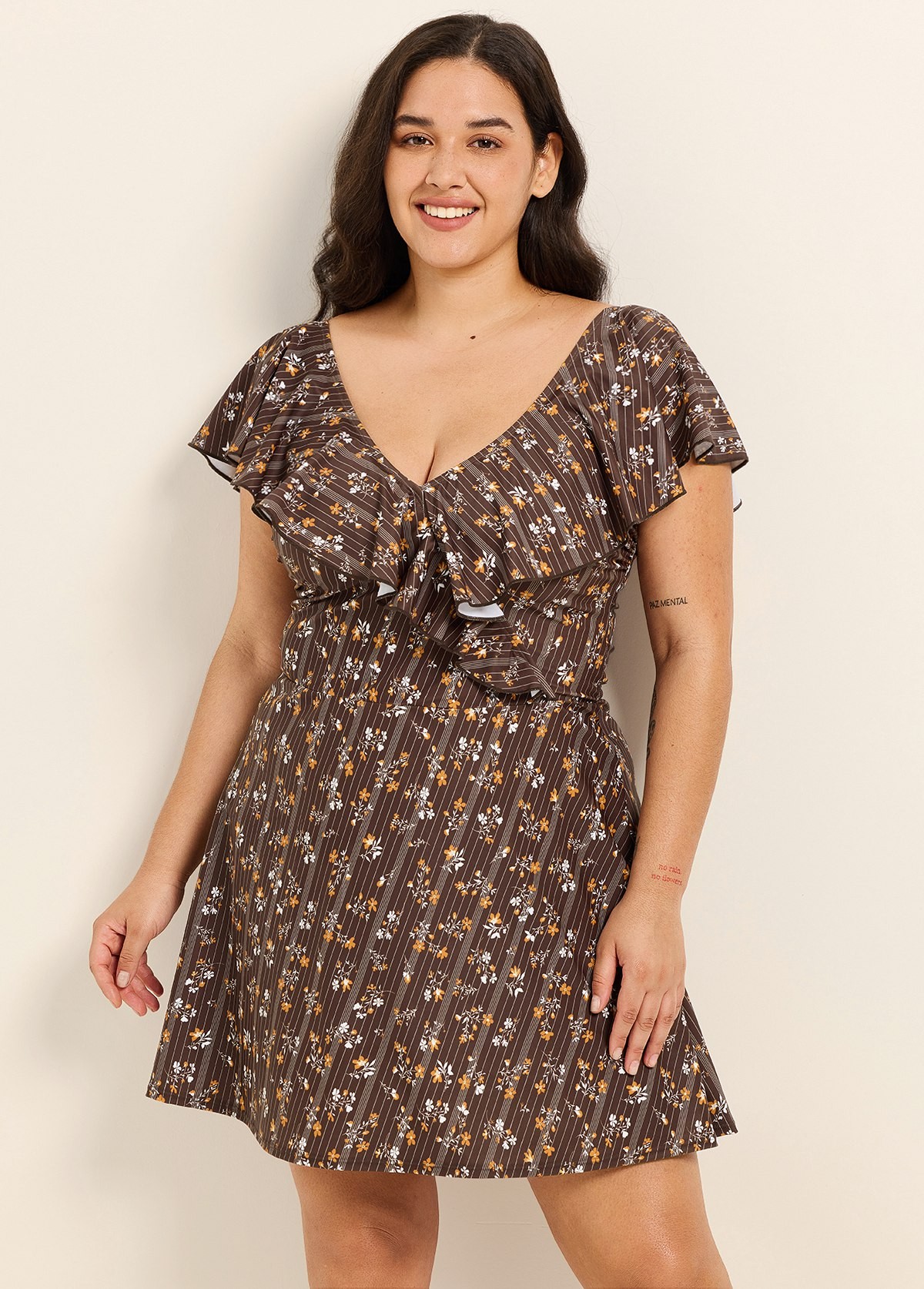 Curvy Brown Striped Floral Print V Neck Cap Sleeves Vintage Ruffles Swimsuit Swimdress Set