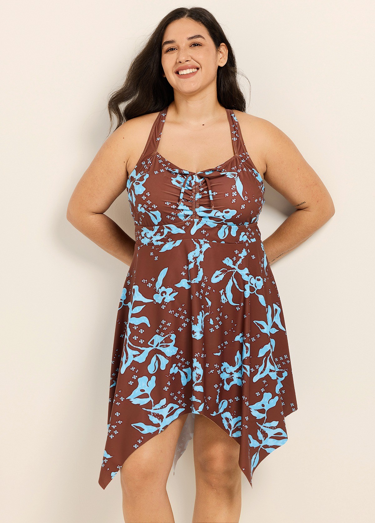 Brown Blue Tropical Leaf Modest Drawstring Asymmetrical Hem Plus Size Swimsuit One Piece Swimdress