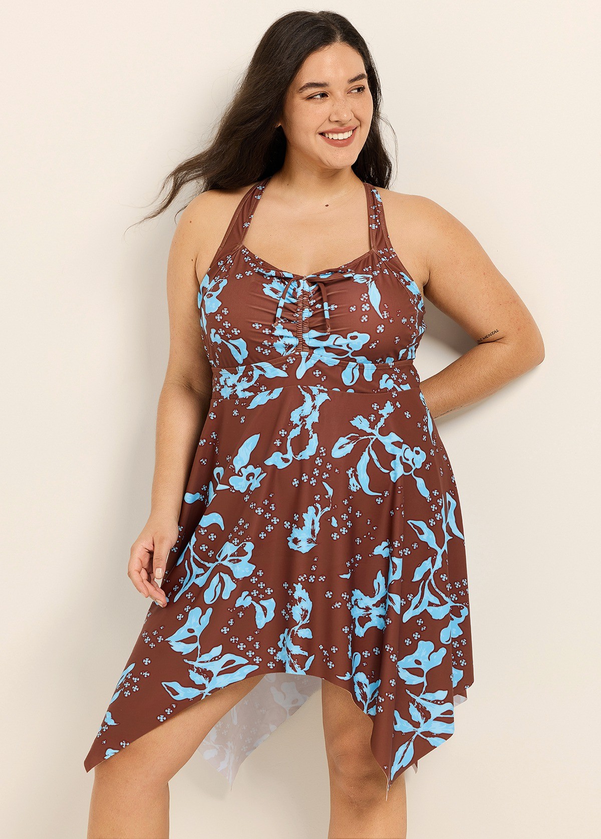 Brown Blue Tropical Leaf Modest Drawstring Asymmetrical Hem Plus Size Swimsuit One Piece Swimdress