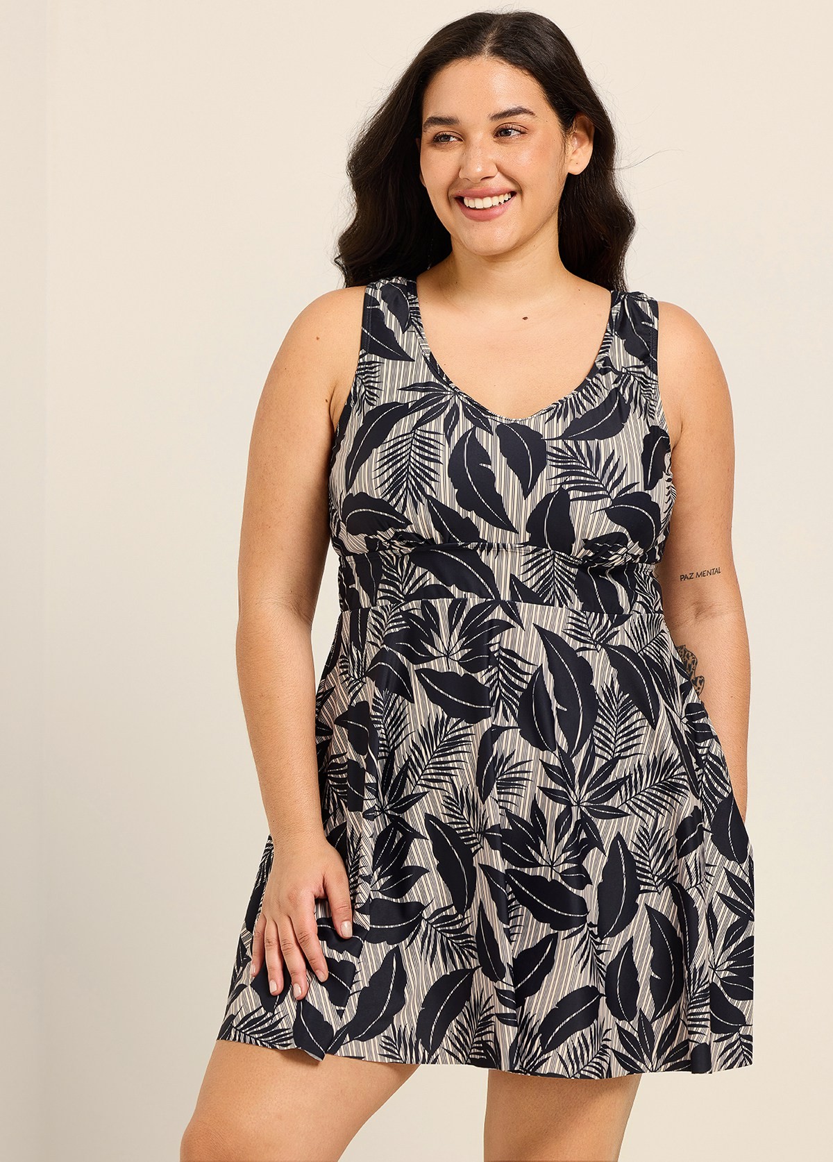 Black Leaf Stripe Scoop Neck Vintage Cross Back Plus Size Women's Swimsuit Swimdress Set