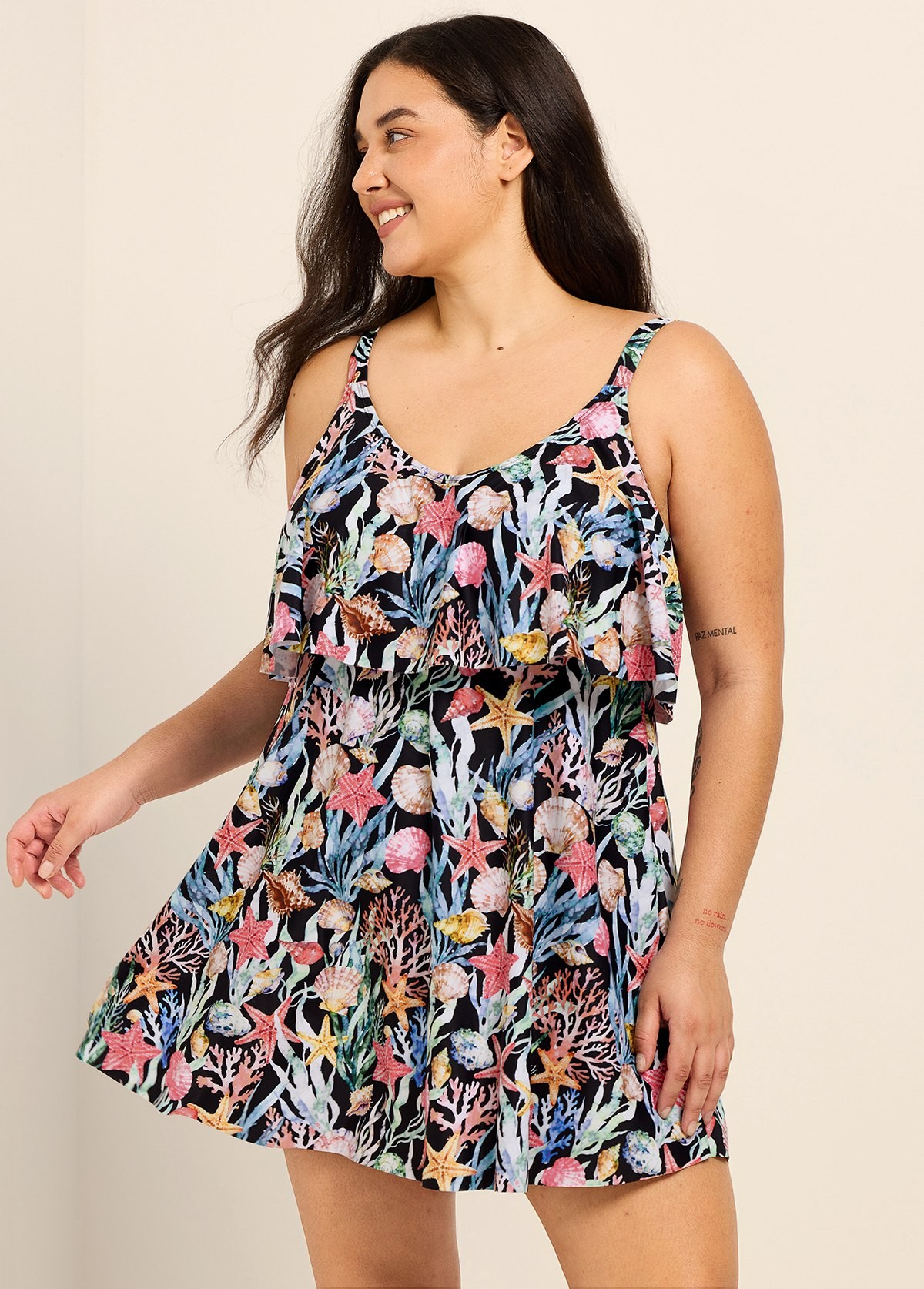 Black Plants Layered Ruffle Trim Adjustable Strap Elegant Curvy Women's Swimsuit One Piece Swimdress